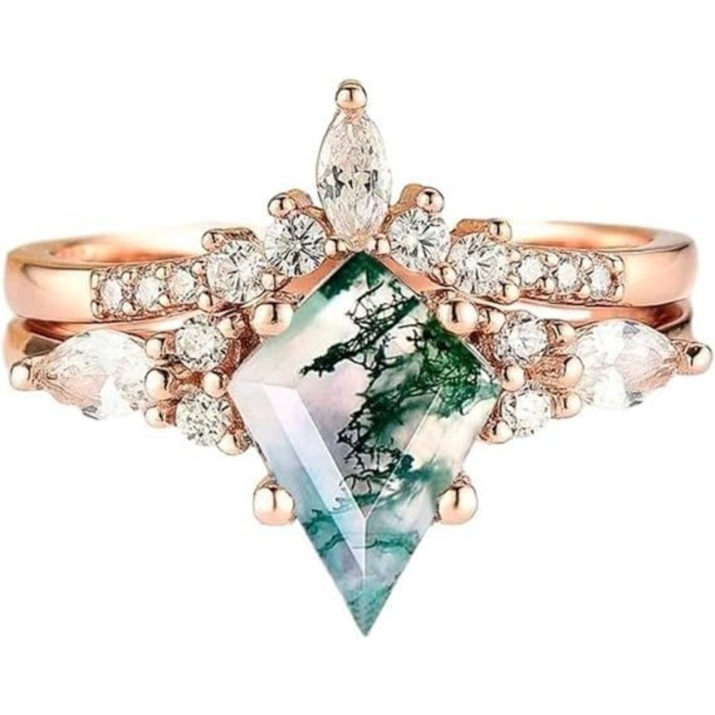 Rose Gold Moss Agate Gemstone Irregular Zirconia And Diamonds 2-Piece Ring